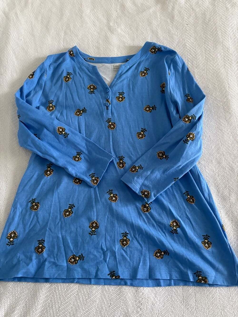 Kim Rogers Perfectly Soft 100% Cotton Floral Print Long Sleeve Henley Top